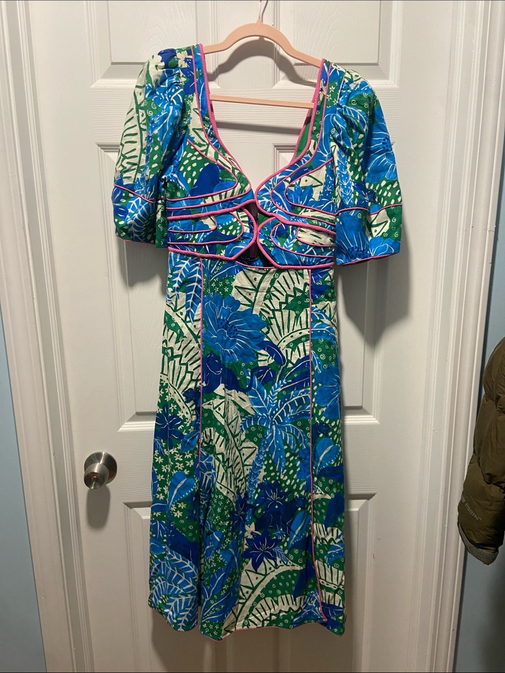 FARM Rio Blue, Green & Pink Botanical Midi Dress